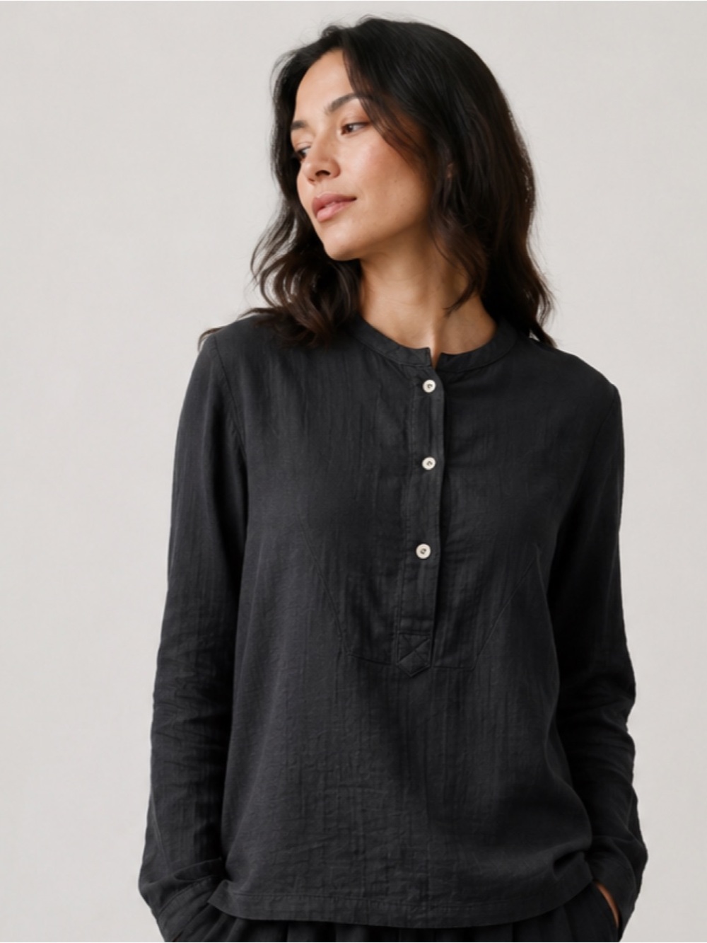 Atelier Delphine Black Organic Cotton Long Sleeve Henley Top S Minimalist Japan